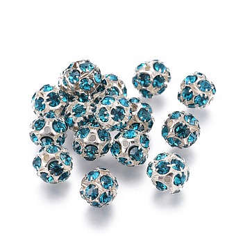 Brass Rhinestone Beads, with Iron Single Core, Grade A, Silver Color Plated, Round, Blue Zircon, 8mm in diameter, Hole: 1mm