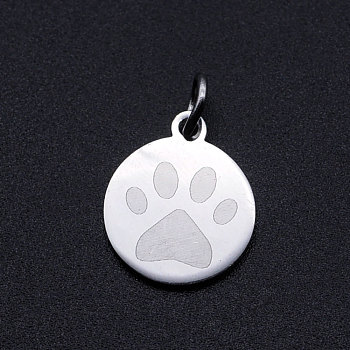201 Stainless Steel Pet Charms, with Jump Rings, Flat Round with Dog Paw Prints, Stainless Steel Color, 14.5x12x1mm, Hole: 3mm