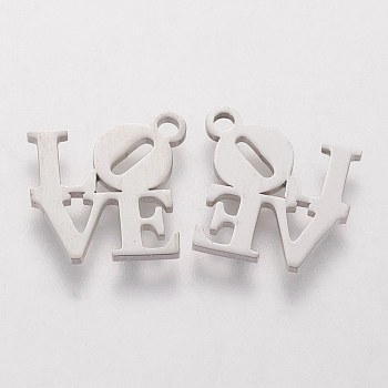 5Pcs 304 Stainless Steel Charms, Valentine's Day, Word Love, Stainless Steel Color, 13x13x1mm, Hole: 1.5mm