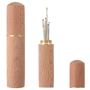 Sandalwood Leather Craft Sewing Needles Case Box, Hand Stitching Needle Toothpick Holder Container, Good Quality Creative Storage Boxes, with Brass, Golden, 83x18mm