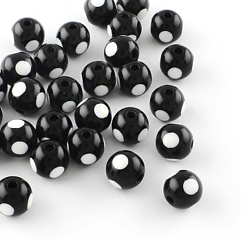Dot Pattern Opaque Acrylic Beads, Round, Black, 11~12x11mm, Hole: 3mm, about 550pcs/500g