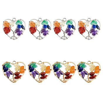8Pcs 2 Colors Chakra Natural Gemstone Chip Pendants, Natural Amethyst & Green Aventurine & Lapis Lazuli & Citrine & Red Aventurine & Red Jasper, with Copper Wire Wrapped, Heart with Tree, Platinum & Light Gold, 25.5x27x8mm, Hole: 2mm, 4pcs/color