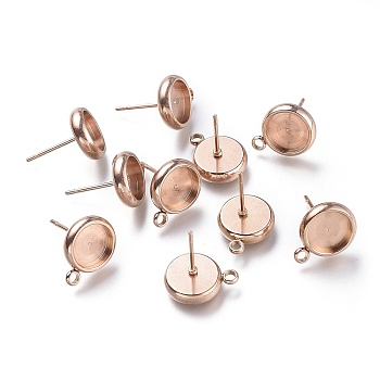 Ion Plating(IP) 304 Stainless Steel Stud Earring Settings, with Loop, Flat Round, Rose Gold, Flat Round: 13x10.3mm, Hole: 1.8mm, Pin: 0.8mm, Tray: 8mm