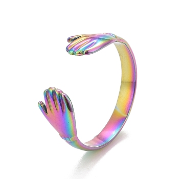 Ion Plating(IP) Rainbow Color  304 Stainless Steel Double Hand Hug Open Cuff Ring for Women, US Size 7 3/4(17.9mm)