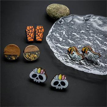 Halloween Tombstone Ghost Skull Wood Stud Earring Sets, Resin & Wood Flat Round Ear Studs for Women, Mixed Color, 14~19x9~15mm, 4pairs/set