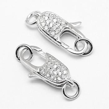 Brass Micro Pave Grade AAA Cubic Zirconia Lobster Claw Clasps, Lead Free & Nickel Free & Cadmium Free, Real Platinum Plated, 19x10x6mm, Hole: 3mm