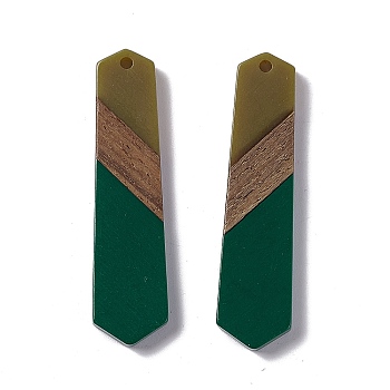 Opaque Resin & Walnut Wood Pendants, Hexagon Charms, Dark Green, 49x12x3.5mm, Hole: 2mm