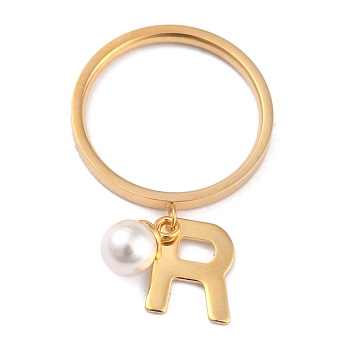 Dual-use Items, 304 Stainless Steel Finger Rings or Pendants, with Plastic Round Beads, Golden, White, Letter.R, US Size 5~9(15.7~18.9mm)