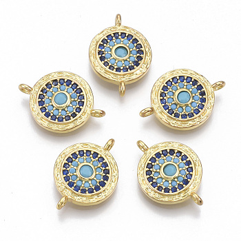 Brass Micro Pave Cubic Zirconia Links connectors, Flat Round, Blue, Golden, 17x11.5x2.5mm, Hole: 1.2mm