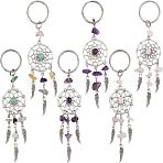 Natural Gemstone Chip Keychain, with Alloy Pendants and 316 Surgical Stainless Steel Key Ring, Woven Net/Web with Feather, Antique Silver & Platinum, 107mm, 118mm, 12pcs/box(KEYC-NB0001-04)