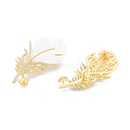 Brass Micro Pave Clear Cubic Zirconia Brooch Findings, Lapel Pin Findings with Shell, for Half Drilled Beads, Feather, Real 18K Gold Plated, 53.5x29x10mm, Pin: 1mm(KK-I663-18G)