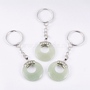Natural Green Aventurine Keychain, with Platinum Plated Iron Key Rings and Brass Findings, Flat Round, 84mm(KEYC-P041-D19)