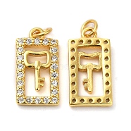 925 Sterling Silver Micro Pave Cubic Zirconia Charms, Rectangle with Key Charm, with Jump Ring, Real 18K Gold Plated, 14x7x2mm, Hole: 2.3mm(STER-I010-05G)