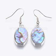 Abalone Shell/Paua Shell Dangle Earrings, with Brass Findings, Oval, Platinum, 40~41mm, Pin: 0.7mmm(EJEW-P148-16-01)