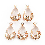Transparent Glass Pendants, for DIY Jewelry Making, with Brass Findings, Faceted, Teardrop with Flower, Light Gold, Clear, 16x9x6mm, Hole: 1.2mm(GLAA-T007-05F)