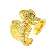 Brass Micro Pave Cubic Zirconia Open Cuff Ring, Wide Band Rings, Real 16K Gold Plated, US Size 7 3/4(17.9mm)(RJEW-K256-14G)