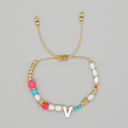 Initial Letter Natural Pearl Braided Bead Bracelet, Adjustable Bracelet, Letter V, 11 inch(28cm)(LO8834-22)