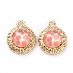 Printed Opaque Resin Pendants, with Golden Tone Alloy Findings, Half Round, Light Salmon, Round Pattern, 19.5x15.5x6mm, Hole: 2.5mm(FIND-E020-07G-02)