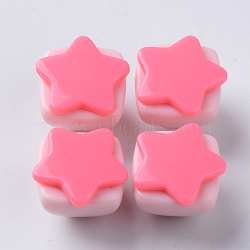 Opaque Acrylic Beads, Two Tone, with Star Flat Plate, Half Drilled, Pyramid, Hot Pink, 16~17x16x13.5mm, Half Hole: 3.5mm(SACR-N007-11E)