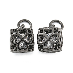 Rack Plating Brass Micro Pave Clear Cubic Zirconia Charms, Long-Lasting Plated, Lead Free & Cadmium Free, Cube with Clover Charm, with Jump Ring, Black, 13x10x7.5mm, Hole: 3.5mm(KK-F089-15EB)