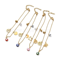 Enamel Evil Eye & Cubic Zirconia & 304 Stainless Steel Charms Anklet, Word Love Anklet for Women, Golden, Mixed Patterns, Pendant: 9.5~11x11~13x0.7~1mm, 8-7/8 inch(22.5cm)(AJEW-C021-16G)