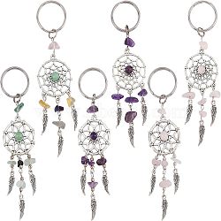 Natural Gemstone Chip Keychain, with Alloy Pendants and 316 Surgical Stainless Steel Key Ring, Woven Net/Web with Feather, Antique Silver & Platinum, 107mm, 118mm, 12pcs/box(KEYC-NB0001-04)