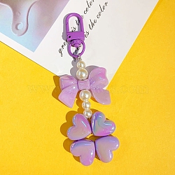 Pearl Beaded Bowknot Clover Acrylic Pendant Decorations, with Metal Finding, for Backpack, Keychain Decor, Plum, 69x39mm(PW-WG70867-06)