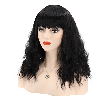 Medium Length Shoulders Hair, Corn Short Curly Hair Wig, High Temperature Heat Resistant Fiber Wigs, Black, 17.7 inch(45cm)