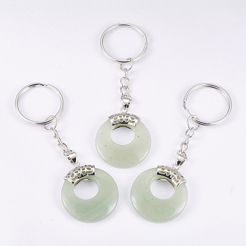 Natural Green Aventurine Keychain, with Platinum Plated Iron Key Rings and Brass Findings, Flat Round, 84mm