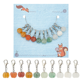 Natural Gemstone Autumn Pumpkin Pendant Locking Stitch Markers, Crochet Lobster Clasp Charms, 2.5cm, 10pcs/set