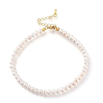 Anklets, with Natural Pearl Beads, Brass Curb Chains and 304 Stainless Steel Lobster Claw Clasps, Seashell Color, Golden, 9-1/2 inch(24cm)