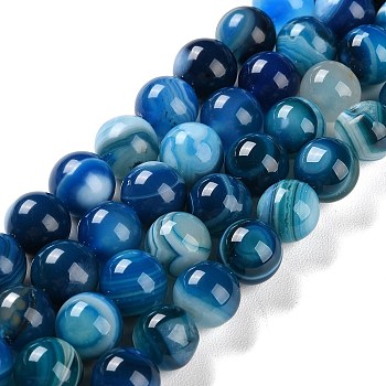 Natural Striped Agate/Banded Agate Beads Strands, Dyed, Round, Dodger Blue, 10mm, Hole: 1.2mm, about 19pcs/strand, 7.60''(19.3cm)