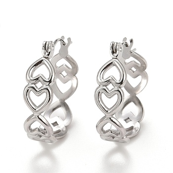 Hollow Heart 304 Stainless Steel Hoop Earrings for Women, Stainless Steel Color, 21.5x20x6mm, Pin: 0.6mm