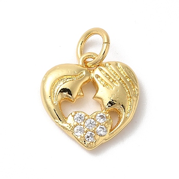 Valentine's Day Rack Plating Brass Clear Cubic Zirconia Pendants, with Jump Ring, Long-Lasting Plated, Cadmium Free & Lead Free, Heart with Couples, Real 18K Gold Plated, 16x12x3mm, Hole: 3mm