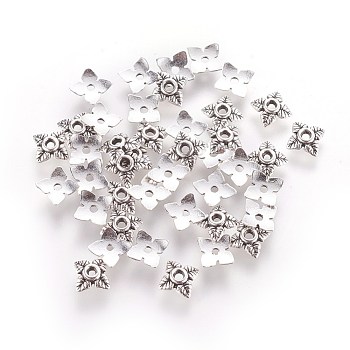 Tibetan Style Alloy Bead Caps, Flower, 4-Petal, Cadmium Free & Lead Free, Antique Silver, 6x6x2mm, Hole: 1mm