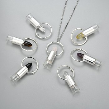 304 Stainless Steel Openable Perfume Bottle Pendant Necklaces, with Natural Gemstone, Lipstick Shape, Silver Color Plated, 27.55 inch(70cm), Bottle Capacity: 3ml(0.1 fl. oz)