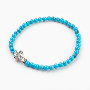 Synthetic Turquoise(Dyed) Beads Stretch Bracelets, with Brass Micro Pave Cubic Zirconia Cross Beads, 2-1/8 inch(5.5cm)