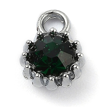 Alloy Glass Rhinestone Charms, Birthstone Charms, Flat Round, Platinum, Emerald, 10.5x7.5x4mm, Hole: 2.1mm