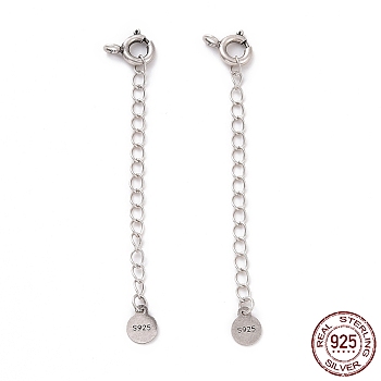 925 Sterling Silver Chain Extenders, with Spring Ring Clasps & Charms, Flat Round, Antique Silver, 60x5.8mm, Hole: 2.6mm