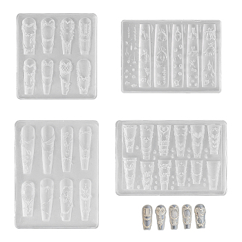 4Pcs 4 Styles Silicone Molds, Carved Mold, For Nail Art Tips Decoration, Clear, 5.45~7.8x5.55~7.9x0.9~1.05cm, 1pc/style