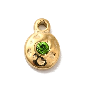 304 Stainless Steel Glass Pendants, Flat Round, Real 14K Gold Plated, Green, 9x6x2.5mm, Hole: 1.8mm