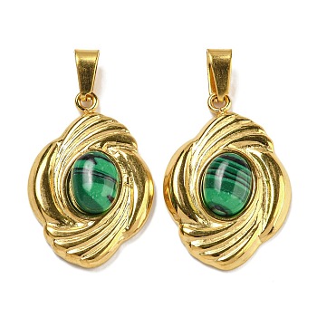 Ion Plating(IP) 304 Stainless Steel Pave Synthetic Malachite Pendants, Oval Charms, Golden, 23.5x15.5x5mm, Hole: 5x3mm