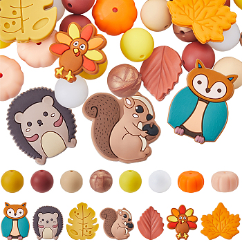 15 Styles Thanksgiving Day Food Grade Eco-Friendly Silicone Beads, Mixed Shapes, Mixed Color, 15~34.5x15~32x6.5~15mm, Hole: 2~3mm