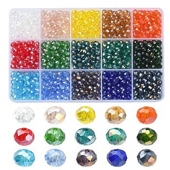 1200Pcs 15 Colors Electroplate Glass Beads Strands, AB Color Plated, Faceted, Rondelle, Mixed Color, 6x5mm, Hole: 1mm, about 80Pcs/color