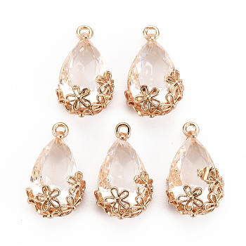 Transparent Glass Pendants, for DIY Jewelry Making, with Brass Findings, Faceted, Teardrop with Flower, Light Gold, Clear, 16x9x6mm, Hole: 1.2mm