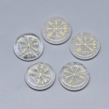 Synthetic Quartz Crystal Cabochons, Flat Round with Nordic Pagan Pattern, 25x5.5mm
