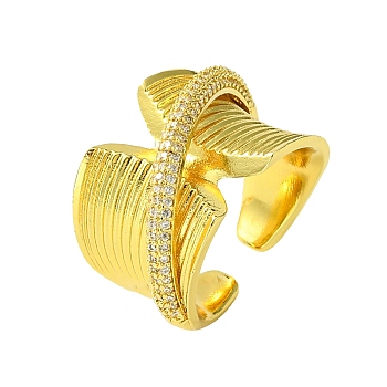 Brass Micro Pave Cubic Zirconia Open Cuff Ring, Wide Band Rings, Real 16K Gold Plated, US Size 7 3/4(17.9mm)