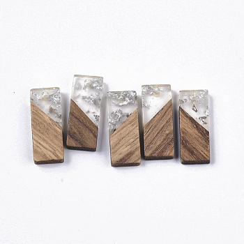 Transparent Resin & Walnut Wood Pendants, with Silver Foil, Rectangle, Silver, 23x9x3.5mm, Hole: 2mm