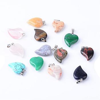 Natural & Synthetic Mixed Stone Pendants with Brass Findings, Heart, 21~23x14~15x5~6mm, Hole: 2x6mm