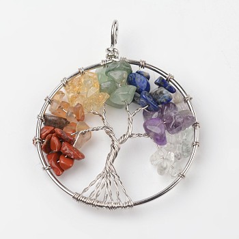 Tree of Life Mixed Stone Big Pendants, with Brass Findings, Platinum, 63~65x49~51x8~10mm, Hole: 8~10mm
